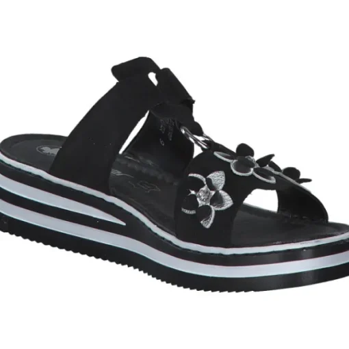 Damen Rieker Pantoletten & Badeschuhe<V0228, Plateau-Pantoletten, Damen, Schwarz/Silber